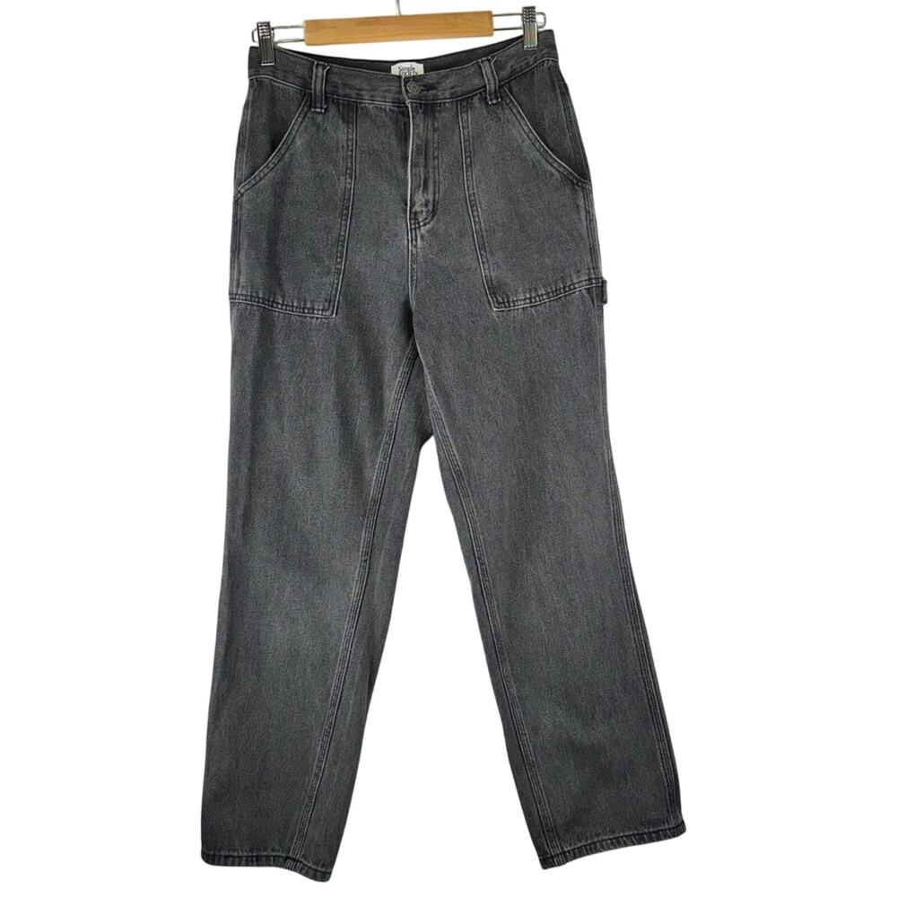 Simple Society Black Denim High-Rise Cargo Painter Jeans Straight Leg Size 7/28